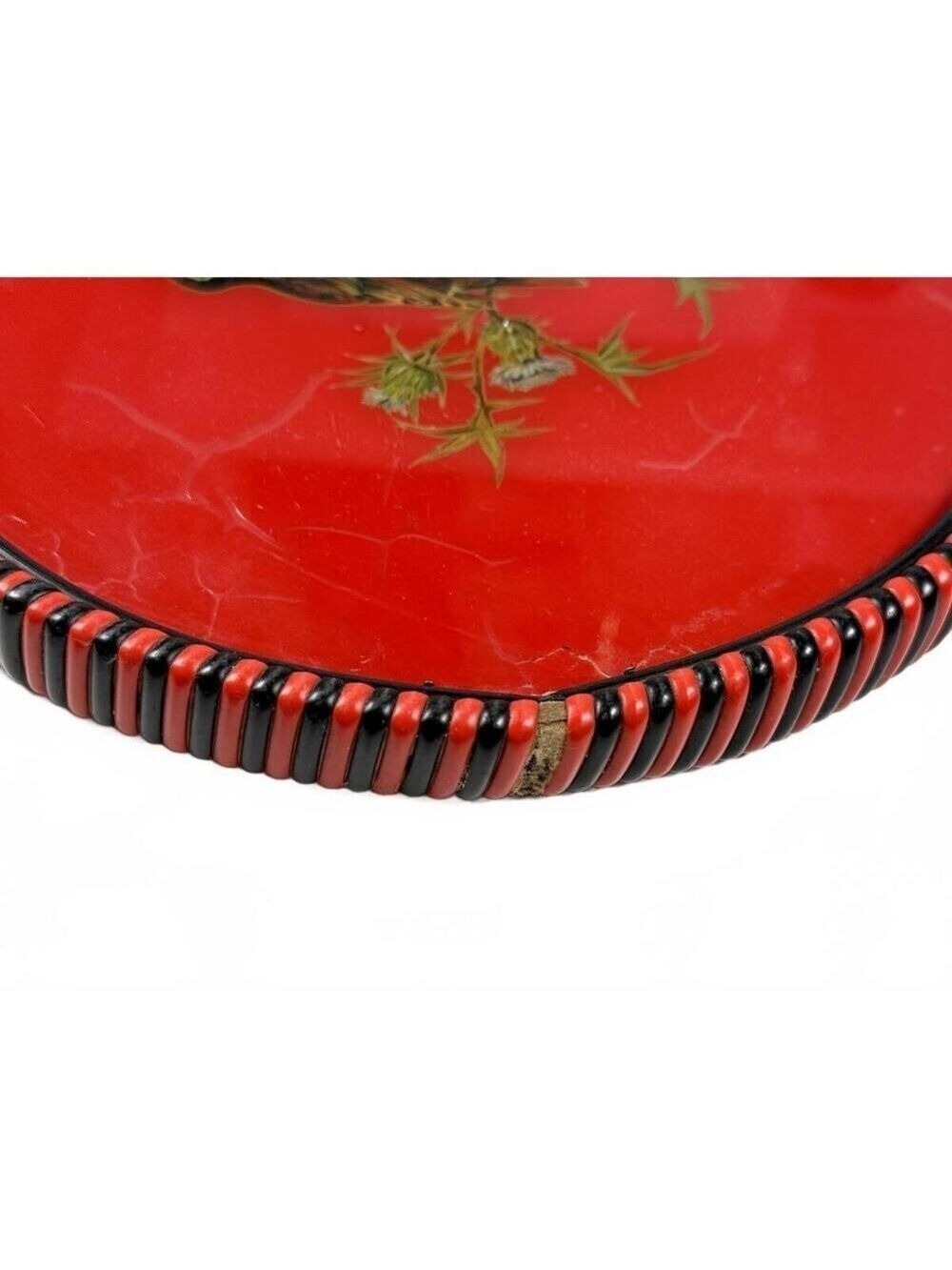 Vintage German US Zone Red Black Celluloid Goldfinch Bird Tray Bobbin Handle - Picture 9 of 13